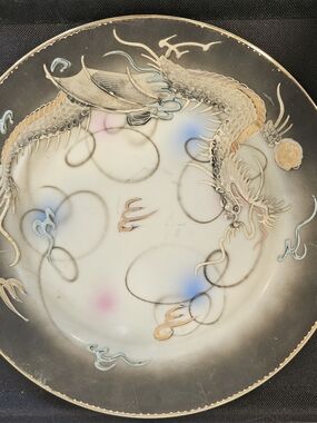 Vintage Porcelain Dragon Dinner Plate in Black and Multicolor